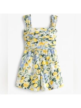 Abercrombie & Fitch Emerson Linen-Blend Wide Strap Romper Lemon Floral, Size S